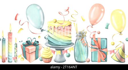 Luminoso, allegro, festoso, confine perfetto con champagne, torta, regali, palloncini e coriandoli, bandiere. Illustrazione ad acquerello del COMPLEANNO Foto Stock
