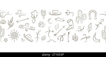 Elementi boho del selvaggio West disegnati a mano. Striscione senza cuciture con animali, uccelli, frecce, piante, simboli. Illustrazione Vettoriale