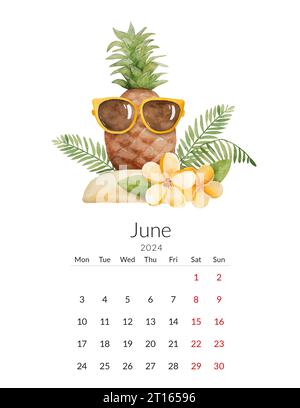 Modello di calendario di giugno 2024. Acquerello fatto a mano - illustrazione tropicale con ananas in bicchieri e foglie tropicali Foto Stock