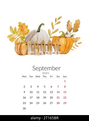 Modello di calendario settembre 2024. Acquerello fatto a mano - illustrazione autunnale con zucche Foto Stock