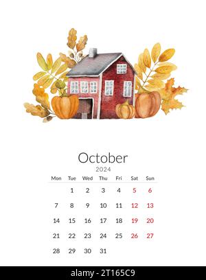 Modello di calendario di ottobre 2024. Acquerello fatto a mano - illustrazione autunnale con zucche e una casa Foto Stock