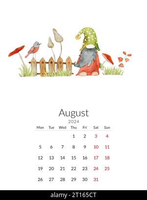 Modello calendario agosto 2024. Acquerello fatto a mano - disegno forestale con uno gnomo e un fungo Foto Stock