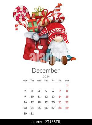 Modello di calendario di dicembre 2024. Acquerello fatto a mano - gnomo natalizio con una borsa regalo Foto Stock