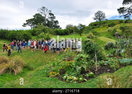 Visitatori del set cinematografico Hobbiton. Sito di location per i film il Signore degli anelli e lo Hobbit nella regione di Waikato in nuova Zelanda. Tour guidato Foto Stock