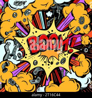 Un evento incredibile e improvviso che porta il caos. Thunder dei prossimi sconti e vendite di servizi e beni. L'effetto e il BOOM delle iscrizioni Illustrazione Vettoriale
