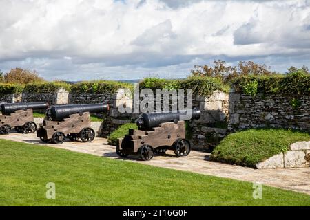 Castello e forte di Pendennis, cannoni su carrozze in legno allineano le mura difensive perimetrali, Falmouth, Cornovaglia, Inghilterra, settembre 2023 Foto Stock