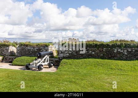 Castello e forte di Pendennis, cannoni su carrozze in legno allineano le mura difensive perimetrali, Falmouth, Cornovaglia, Inghilterra, settembre 2023 Foto Stock