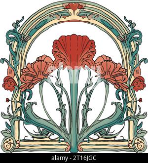 Elemento di design art nouveau con fiore di garofano rosso Illustrazione Vettoriale