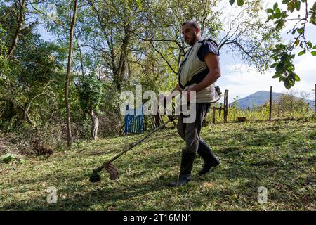 Un uomo taglia l'erba usando un rifinitore nel cortile rurale in una soleggiata giornata autunnale. Lo sfondo presenta uno splendido scenario naturale Foto Stock