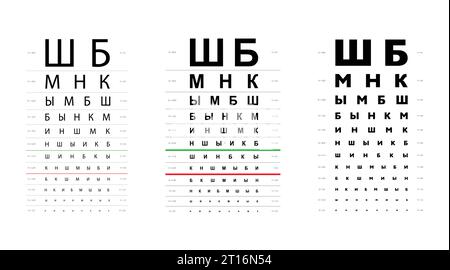 Set di tabella Golovin Sivtsev grafico di prova oculare illustrazione medica. contorno di schizzo vettoriale di linea isolato su sfondo bianco. Test di visione con occhiali ottici di controllo optometrista su scheda con lettere cirilliche Illustrazione Vettoriale