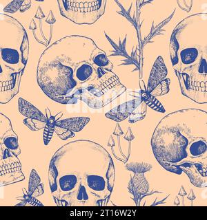 Halloween in bianco e nero senza cuciture con teschio umano realistico, ragnatela, falene e fiori. Stampa gotica in stile retrò. Illustrazione Vettoriale