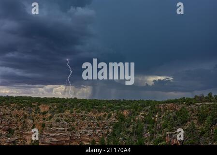 An Arizona Monsoon storm approaching Grand Canyon South Rim. This lightning strike was captured near the Desert View Point viewed from Navajo Point. Foto Stock