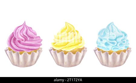 Set per striscioni multicolore cupcake muffin rosa, giallo, turchese. Panna montata dolce. Illustrazione ad acquerello disegnata a mano isolata su sfondo bianco Foto Stock