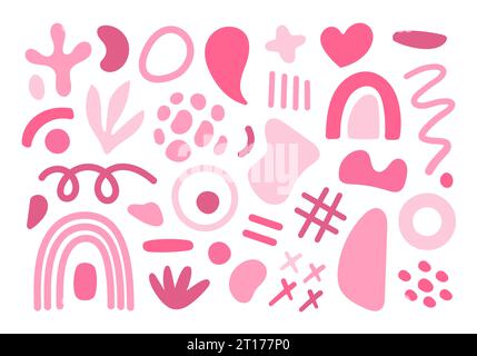 Set di forme geometriche astratte con nucleo rosa. Disegnato a mano vettoriale di varie forme e oggetti scarabocchi. Stile moderno e contemporaneo astratto. Rosa e bianco alla moda Illustrazione Vettoriale