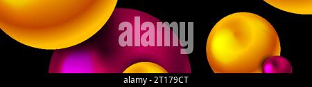 Sfere 3d futuristiche astratte viola e arancione con sfondo geometrico. Striscioni vettoriali con cerchi lucidi Illustrazione Vettoriale