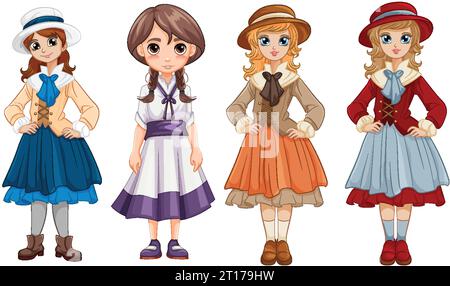 Illustrazione di un gruppo eterogeneo di ragazze e donne che indossano abiti vintage tradizionali Illustrazione Vettoriale
