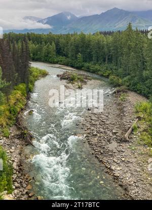 Una vista panoramica di un fiume che scorre attraverso le verdi montagne dell'Alaska Foto Stock