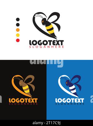 Moderni loghi di api per apicoltori. Gli adesivi sui prodotti dell'apiario. Etichetta vettoriale per il miele di api. Logo Bee Lover. tre varianti di colore. Illustrazione Vettoriale