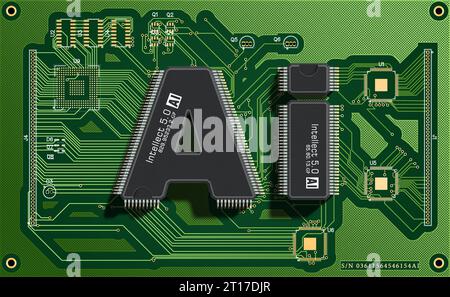 Due microchip sotto forma di lettere ai su una scheda elettronica. Concetto di intelligenza artificiale. rendering 3d. Foto Stock