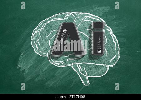 Due microchip sotto forma di lettere ai integrate con il cervello umano rappresentano la fusione all'avanguardia di tecnologia e cognizione. Artificiale Foto Stock