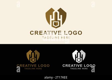 Logo immobiliare. il logo della casa e le chiavi formano lo scudo. Logo relativo a edificio, appartamento, ufficio, architettura. Logo creativo professionale. vecto semplice Illustrazione Vettoriale