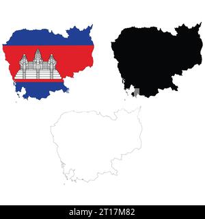 Icona Mappa Cambogia. Cambodia Clipart. Bandiera cambogiana. CambodiaOutline. piatto. Foto Stock