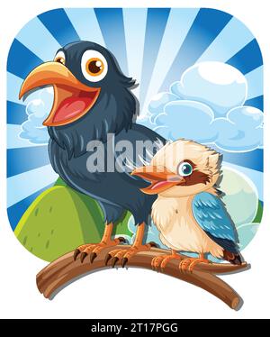 Un corvo di cartoni animati e un kookaburra arroccati su un ramo di albero sullo sfondo di una montagna Illustrazione Vettoriale