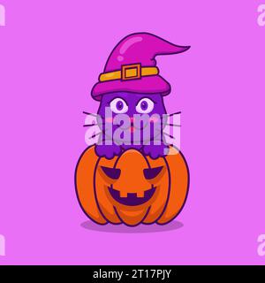 Illustrazione vettoriale di un gatto carino, che indossa un cappello da strega, seduto all'interno di una jack-o-lantern intagliata. Perfetto per i temi di Halloween Illustrazione Vettoriale