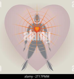 Corpo umano con grandi raggi di luce che irradiano il cuore, coerenza cardiaca, amore, salute, relax, ribilanciamento, Expansion Network Lightworker, Meditazione Illustrazione Vettoriale