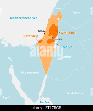 Illustrazione della mappa della guerra in Palestina (Israele, Palestina e Striscia di Gaza) e dei paesi circostanti Illustrazione Vettoriale