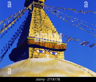 Il grande Stupa nel quartiere tibetano a Boddnath o Bauda nella valle Kathandu, Nepal Foto Stock