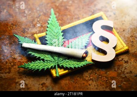 FOTOMONTAGE, Cannabisblatt-Symbol, Joint und Paragrafenzeichen auf Deutschlandfahne, Cannabisgesetz Foto Stock