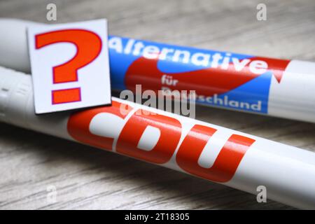 Kugelschreiber mit Logos von CDU und AfD und Fragezeichen Foto Stock