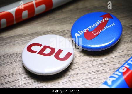 Partei-Anstecker mit Logos von CDU e AfD Foto Stock