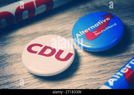 Partei-Anstecker mit Logos von CDU e AfD Foto Stock