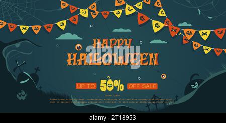 Poster di vendita orizzontale felice Halloween con zucca e nastro di carta all'interno dell'illustrazione vettoriale dello striscione facciale Halloween. Illustrazione Vettoriale