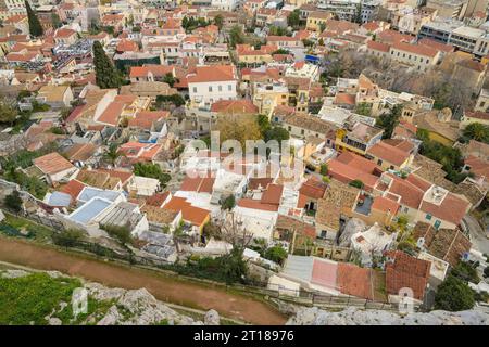 Wohnhäuser, enge Gassen, Anafiotika-Viertel, Altstadt, Athen, Griechenland Foto Stock