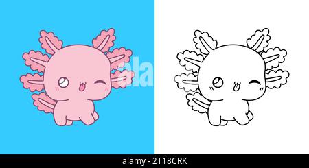Kawaii axolotl multicolore e bianco e nero. Bellissimo animale isolato. Illustrazione Vettoriale