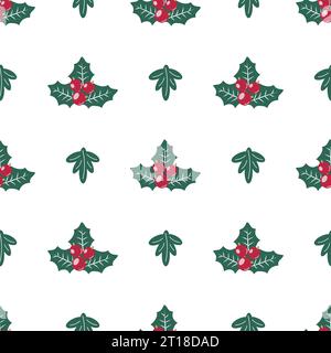 Motivo natalizio vettoriale senza cuciture con holly, frutti di bosco e fiocchi di neve, sfondo invernale per il Capodanno Illustrazione Vettoriale