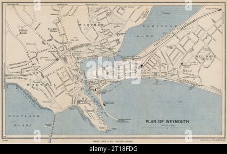 Vista città d'epoca di WEYMOUTH. Dorset. WARD LOCK 1953 vecchia mappa d'epoca Foto Stock