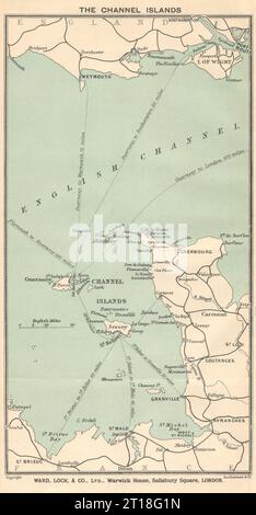 Rotte dei traghetti per le ISOLE DELLA MANICA. Jersey Guernsey. WARD LOCK 1911 vecchia mappa Foto Stock