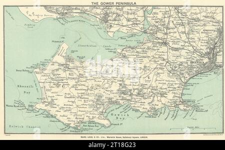 LA PENISOLA DI GOWER. Llanelli Swansea Mumbles. Galles. WARD LOCK 1925 vecchia mappa Foto Stock