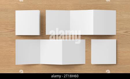 Modello di brochure tripiegate a zigzag o fisarmonica con pagine quadrate su sfondo di legno. Tre riquadri, opuscolo di sei pagine Foto Stock