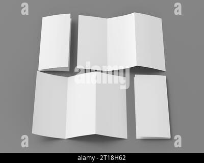 Modello di brochure tripiegate a fisarmonica o a zig-zag su sfondo grigio. Tre riquadri, opuscolo di sei pagine Foto Stock