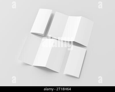 Modello di brochure tripiegate a fisarmonica o a zig-zag su sfondo bianco. Tre riquadri, opuscolo di sei pagine Foto Stock