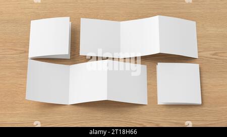 Modello di brochure tripiegate a zigzag o fisarmonica con pagine quadrate su sfondo di legno. Tre riquadri, opuscolo di sei pagine. illustrazione 3d. Foto Stock