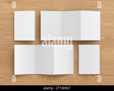 Modello verticale di brochure tripiegate a fisarmonica o a zigzag su sfondo di legno. Tre riquadri, opuscolo di sei pagine Foto Stock