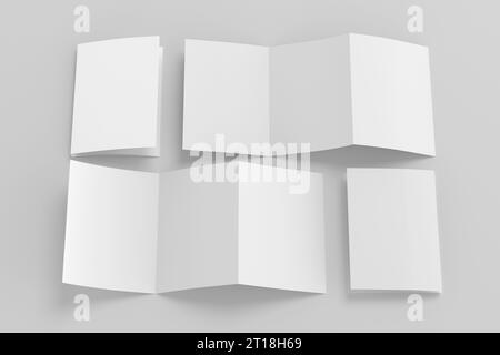 Modello verticale di brochure tripiegate a fisarmonica o a zig-zag su sfondo bianco. Tre riquadri, opuscolo di sei pagine Foto Stock