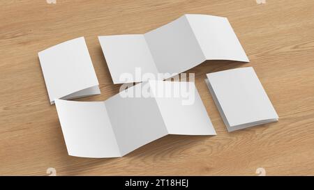 Modello verticale di brochure tripiegate a fisarmonica o a zigzag su sfondo di legno. Tre riquadri, opuscolo di sei pagine Foto Stock