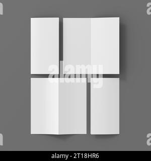 Mockup verticale opuscoli piegati a metà su sfondo grigio Foto Stock